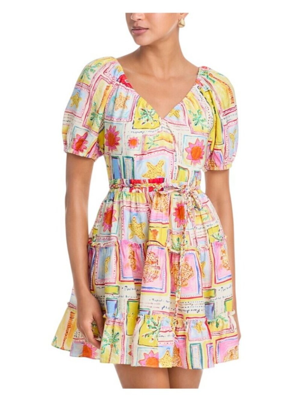 NWT Aqua Belted Woven Tile Puff Sleeve V-Neck Dress IDO12876 Pink Multi XL